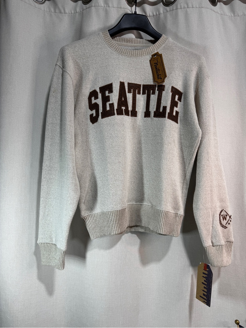 New York Popular Unisex Seattle Embroidered Logo Crewneck S Oatmeal Sweatshirt